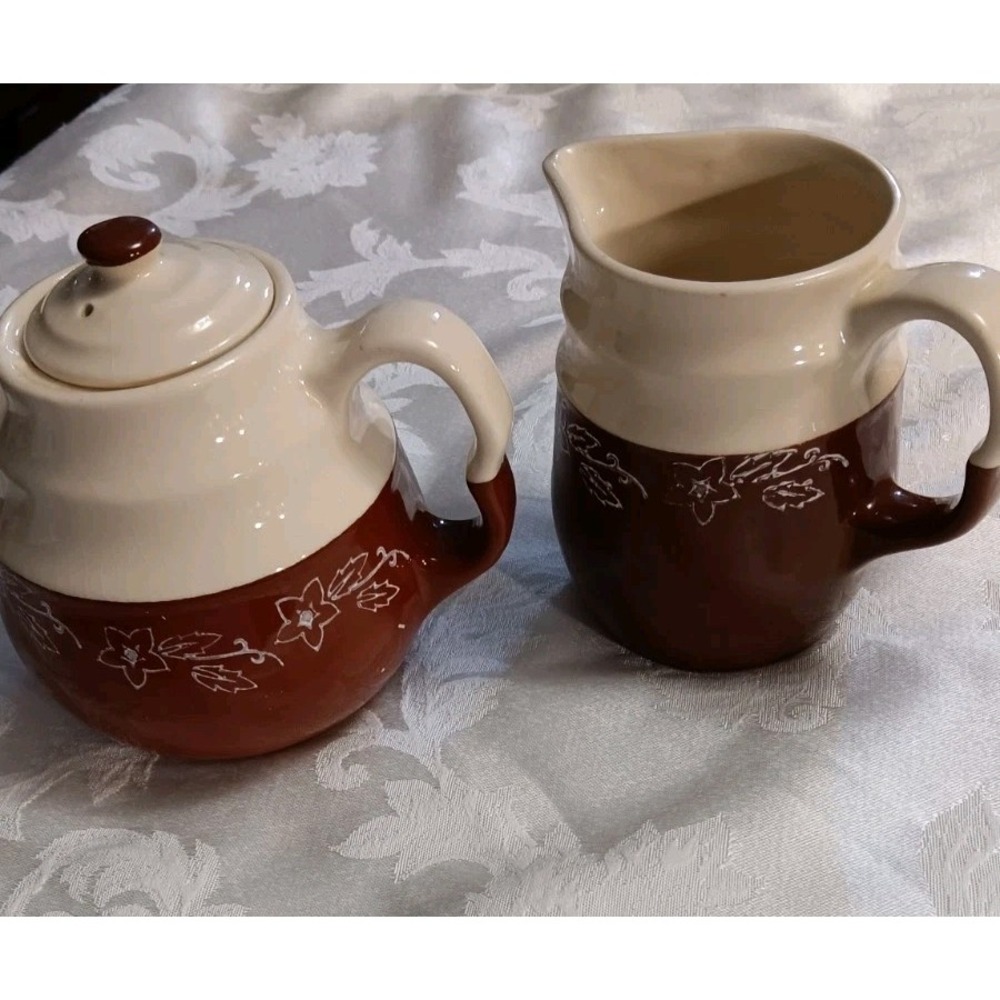 Vintage Oxford Stoneware Snow Flower Teapot And Pitcher USA Brown Cream READ